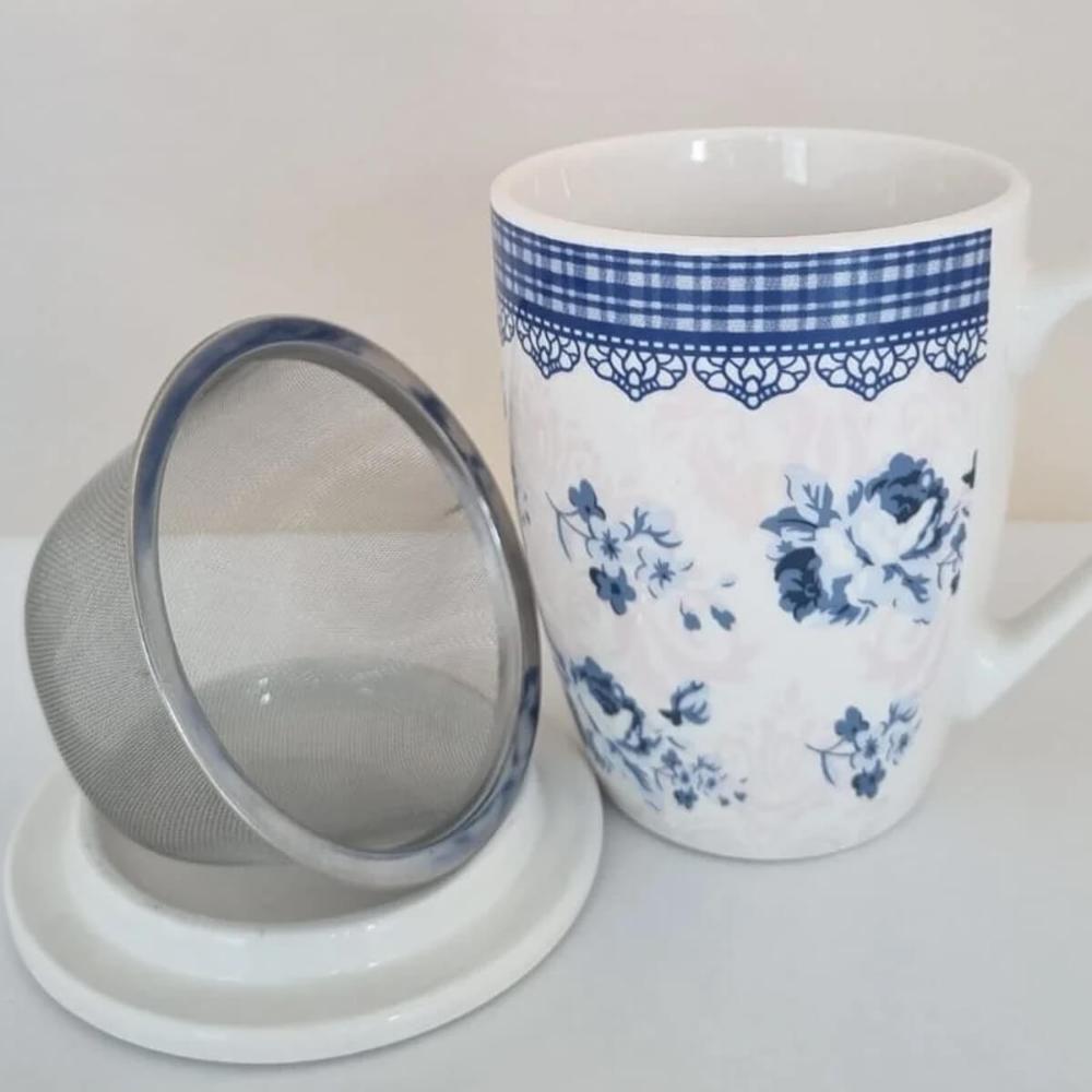Jogo 10 Xícaras de Chá Porcelana 310ml com Tampa Infusor Lyor Canecas Grécia Super White