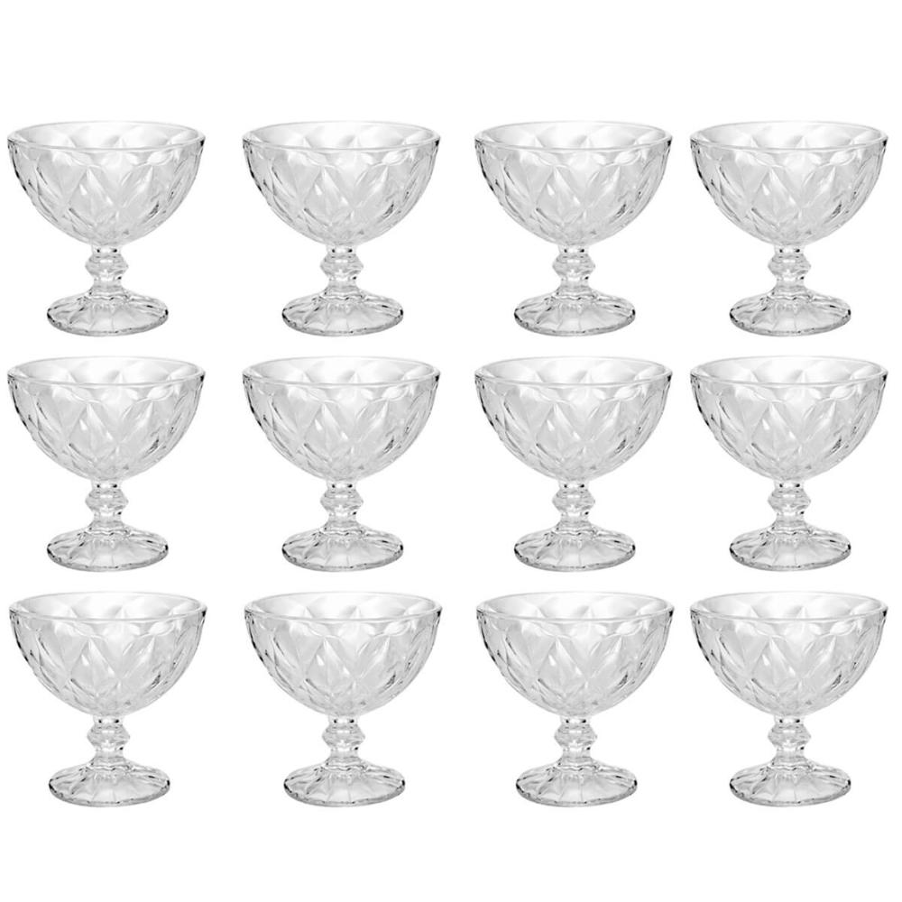 Jogo 12 Taças Diamond Lyor Sobremesa 250ml Vidro Transparente Tigela Pote Doces