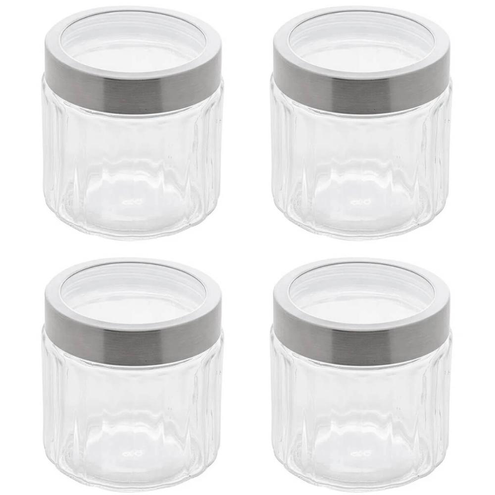 Jogo 4 Potes Redondos de Vidro com Tampas em Aço Inox 870ml Sydney Lyor Transparentes