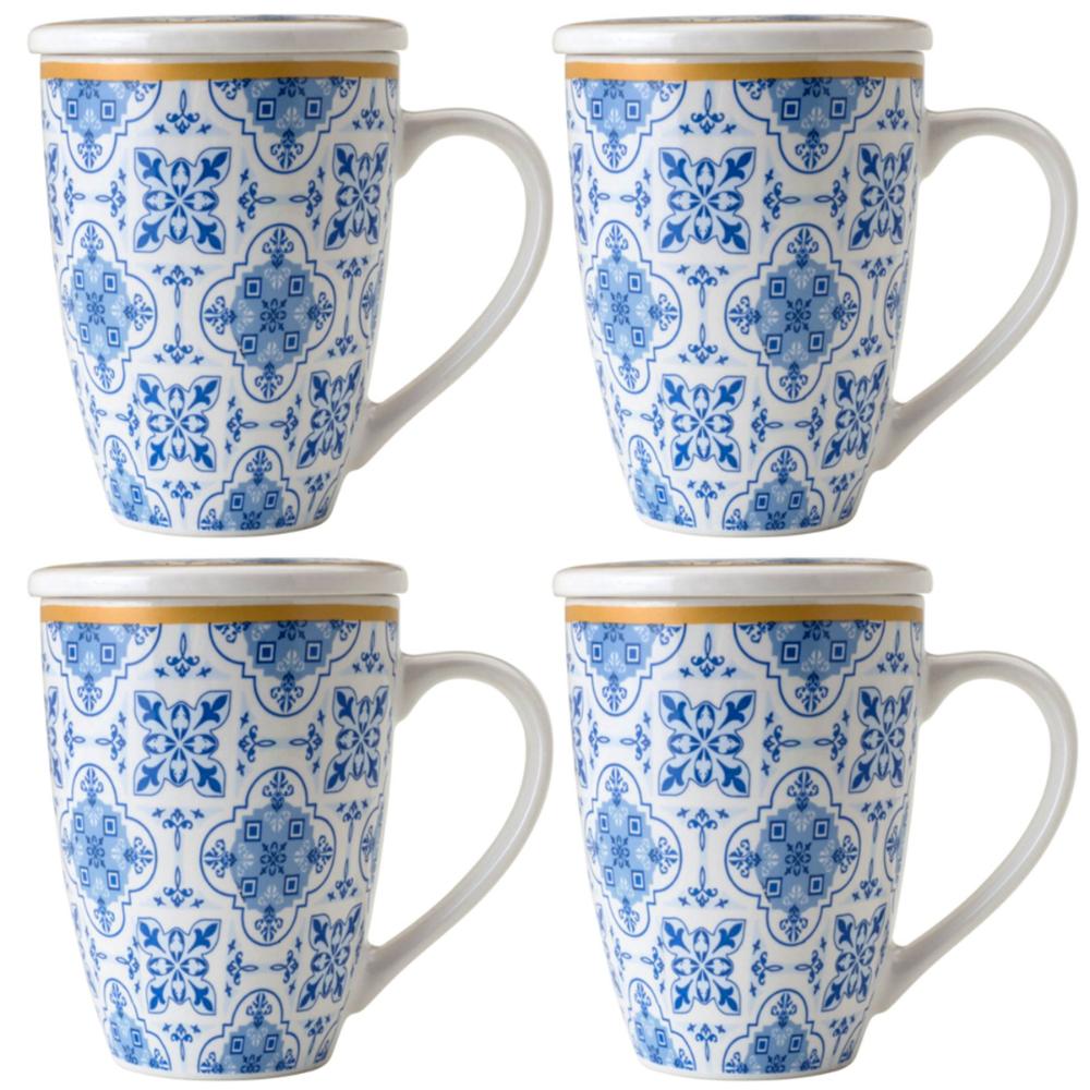 Jogo 4 Xícaras de Chá Porcelana Branca com Tampa e Infusor Inox 310ml Lisboa Lyor Azul