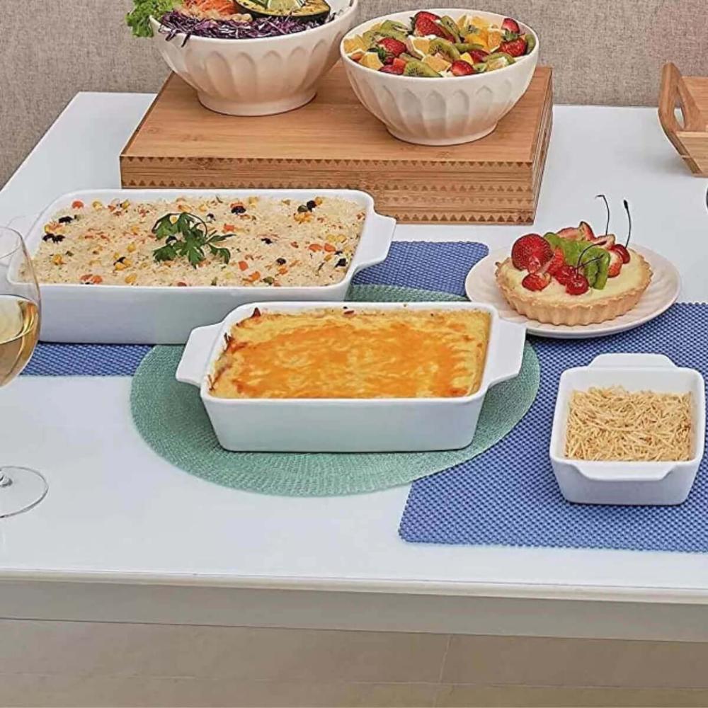 Jogo 5 Refratários Porcelana Alça 34x21x5cm Lyor Travessa para Servir Lasanha Basic Branco