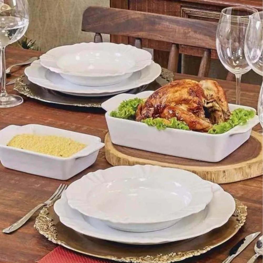 Jogo 5 Refratários Porcelana Alça 34x21x5cm Lyor Travessa para Servir Lasanha Basic Branco