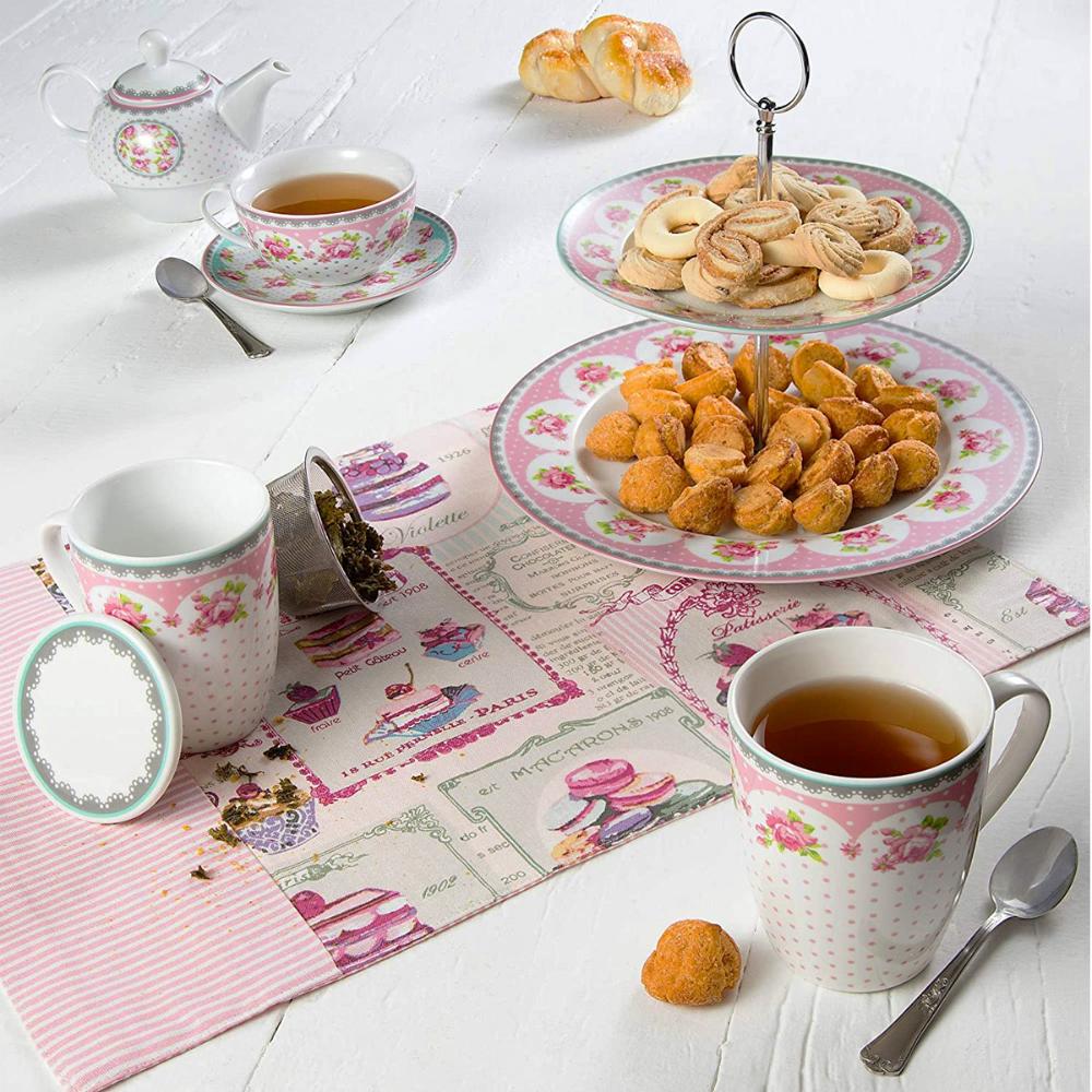 Jogo de Caneca Porcelana para Chá 310ml com Tampas e Infusor Inox 6 Peças Lyor Rosa
