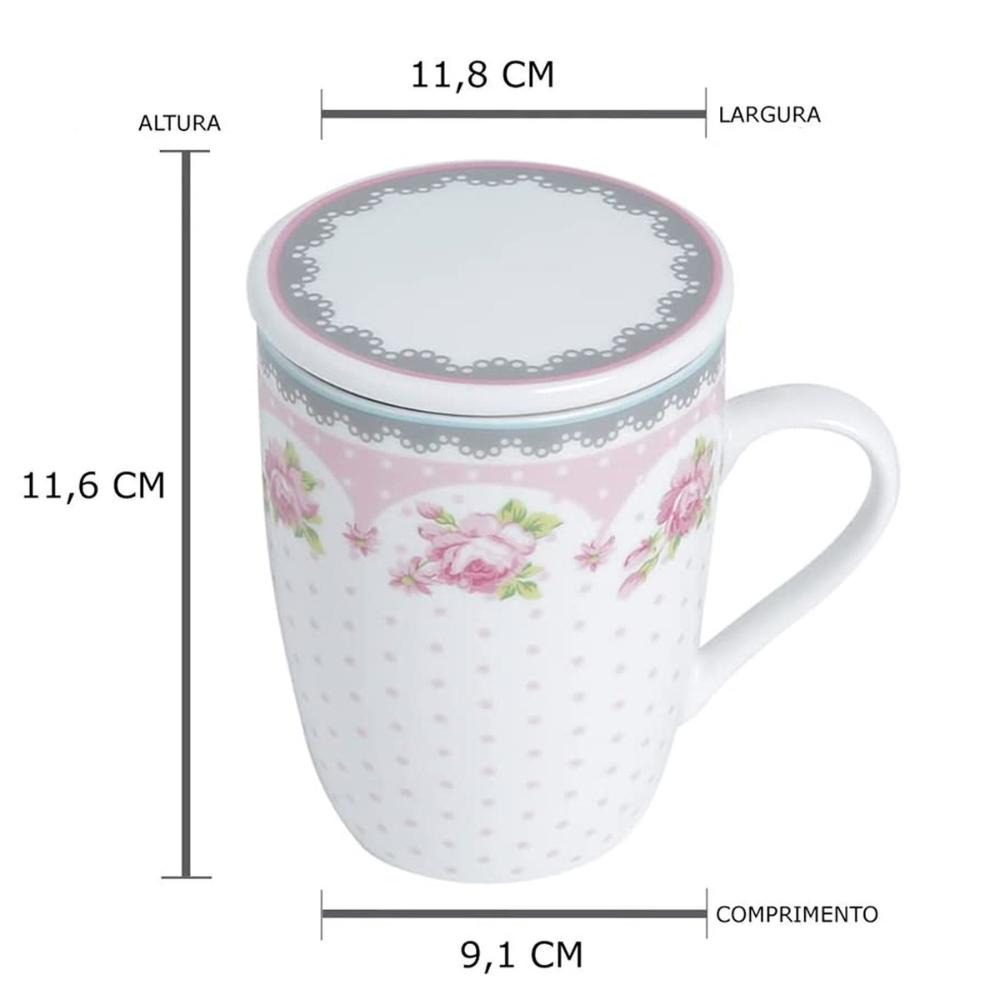 Jogo de Caneca Porcelana para Chá 310ml com Tampas e Infusor Inox 6 Peças Lyor Rosa