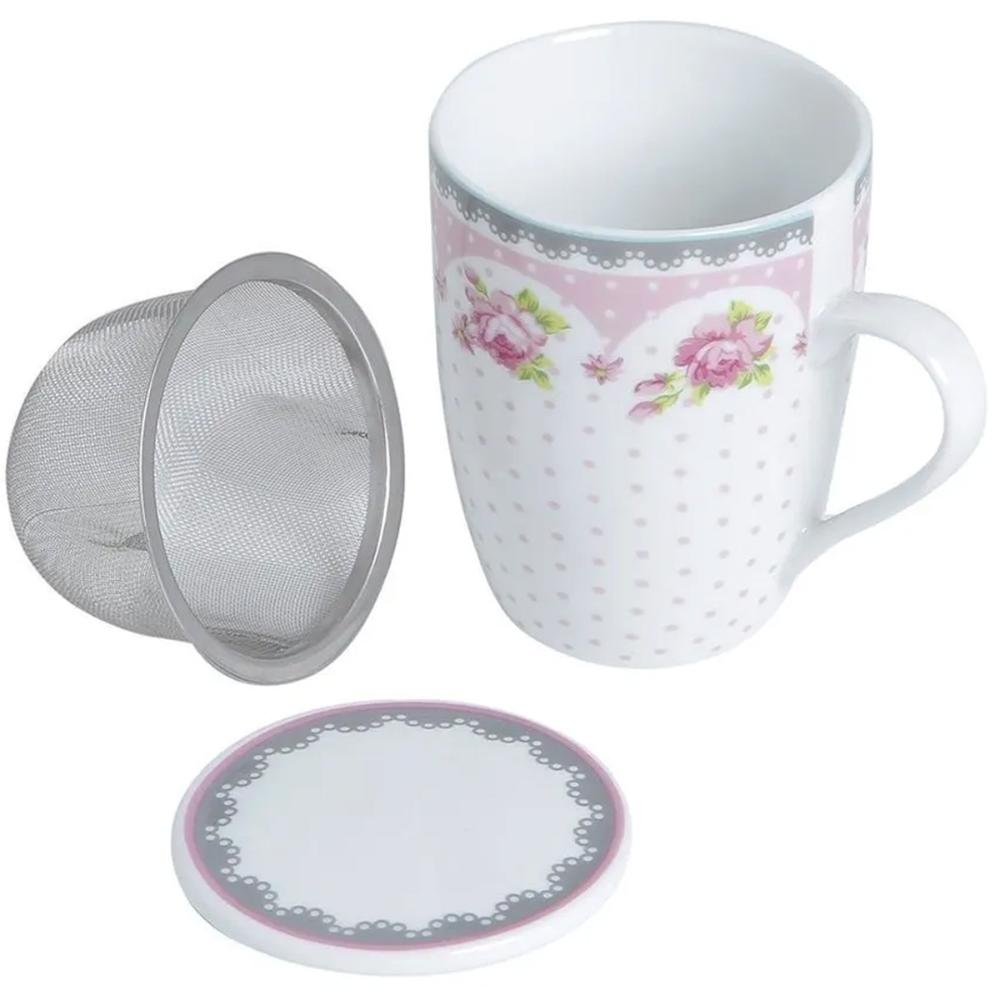 Jogo de Caneca Porcelana para Chá 310ml com Tampas e Infusor Inox 6 Peças Lyor Rosa