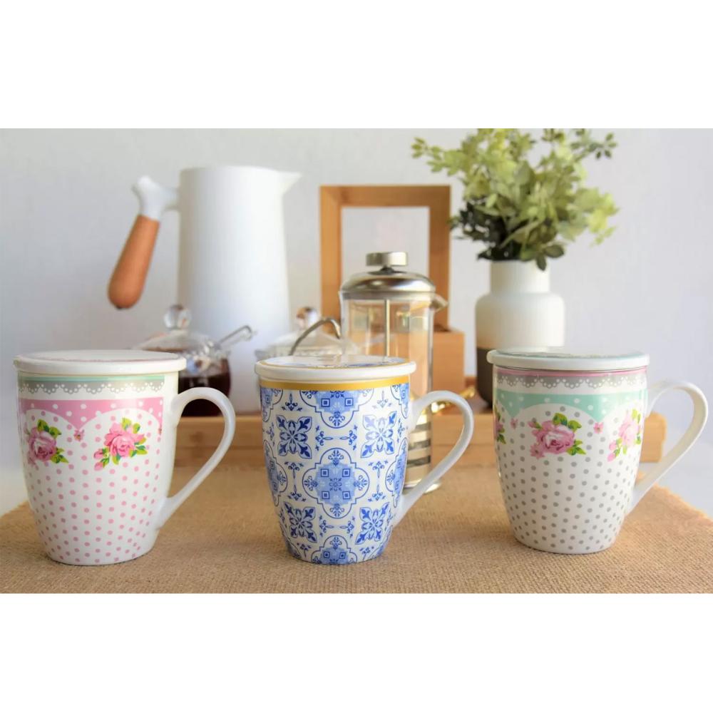 Jogo de Caneca Porcelana para Chá 310ml com Tampas e Infusor Inox 6 Peças Lyor Rosa