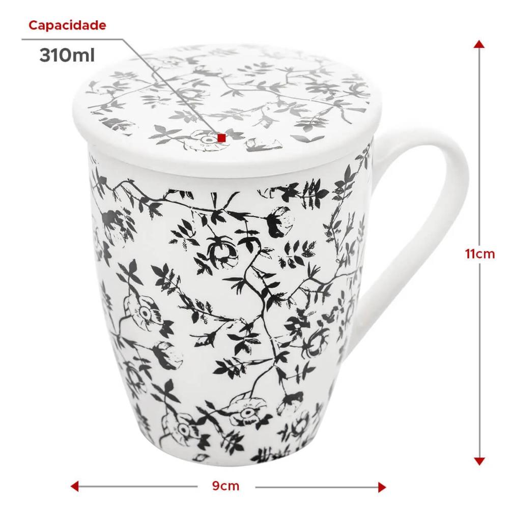 Jogo de Xícaras de Porcelana 12 Canecas com Infusor de Chá e