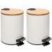 Kit 2 Lixeiras 5L Metal Redonda com Pedal Branca Tampa Bambu Balde Interno Banheiro Genebra