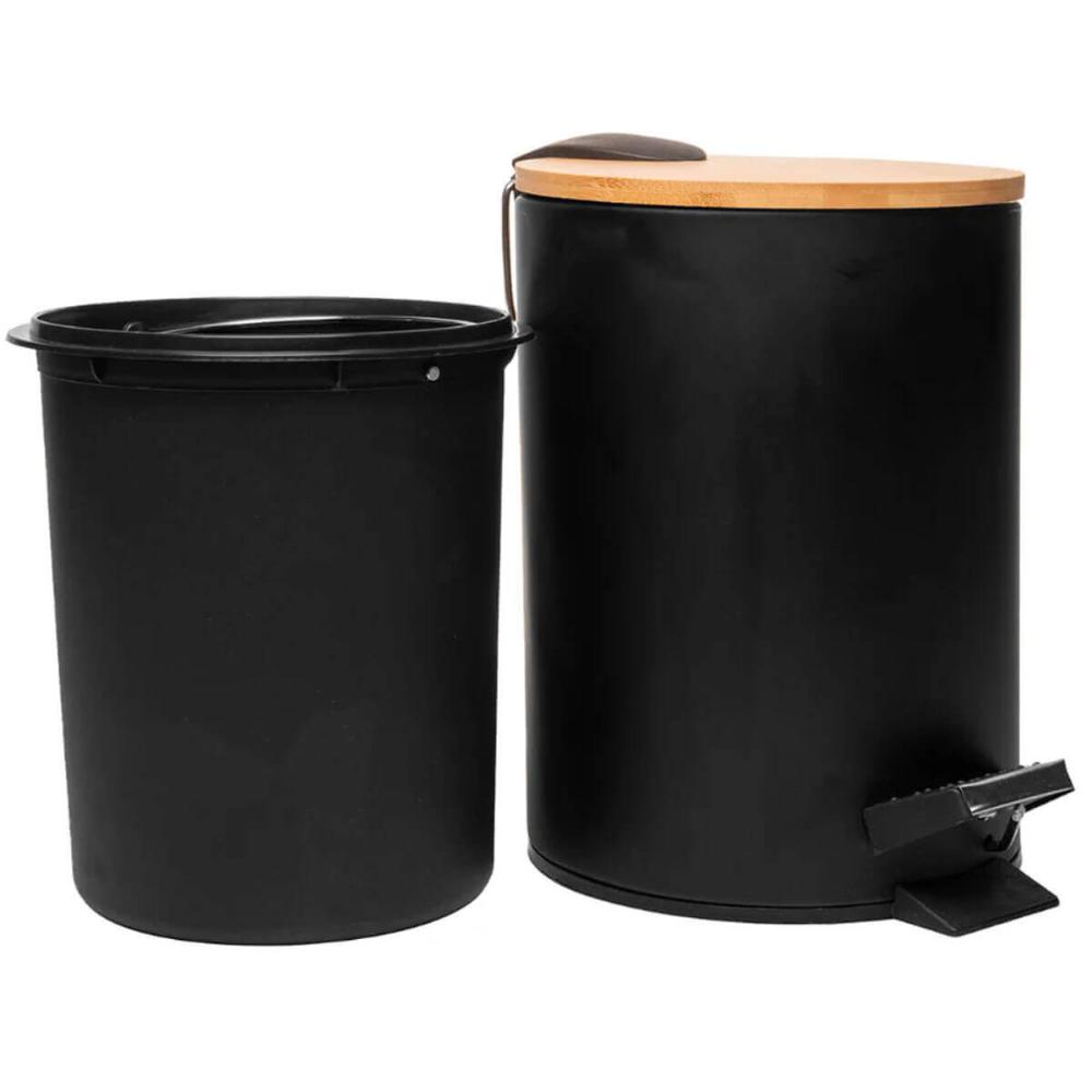 Kit 2 Lixeiras 5L Metal Redonda com Pedal Preta Tampa Bambu Balde Interno Banheiro