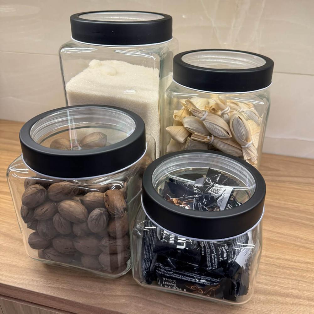 Kit 2 Potes de Vidro 1,7L Gastro Lyor Tampa Metal Preta Porta Mantimentos Alimentos Retangular