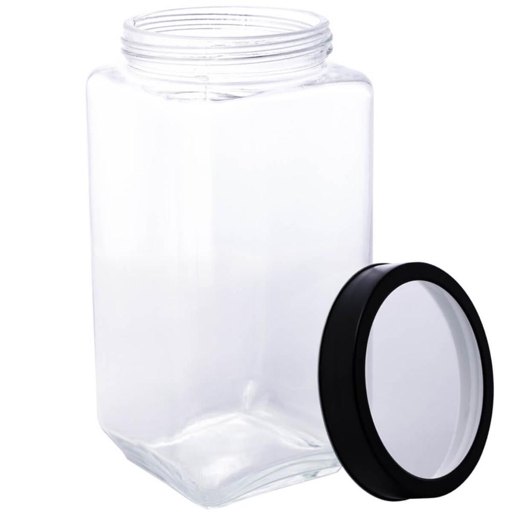 Kit 2 Potes de Vidro 1,7L Gastro Lyor Tampa Metal Preta Porta Mantimentos Alimentos Retangular
