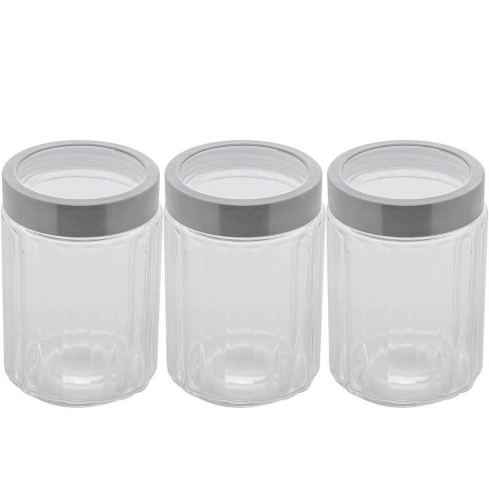 Kit 3 Potes Vidro Borossilicato Lyor 1,2L cada Tampa Prata Sydney Porta Mantimentos Condimentos