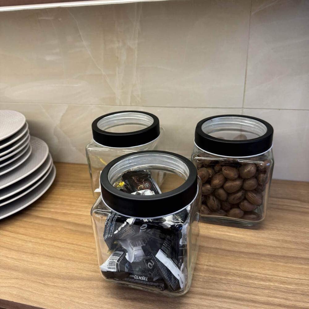 Kit 3 Potes de Vidro 1,2L Gastro Lyor com Tampa de Metal e Acrílico Quadrado para Mantimentos Alimentos