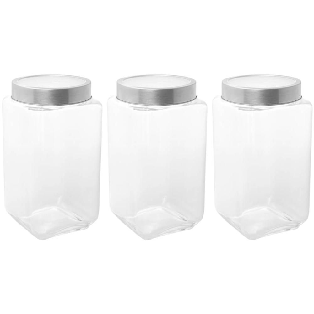 Kit 3 Potes de Vidro 1,7L Tampa Metal Lyor Gastro Prata Port