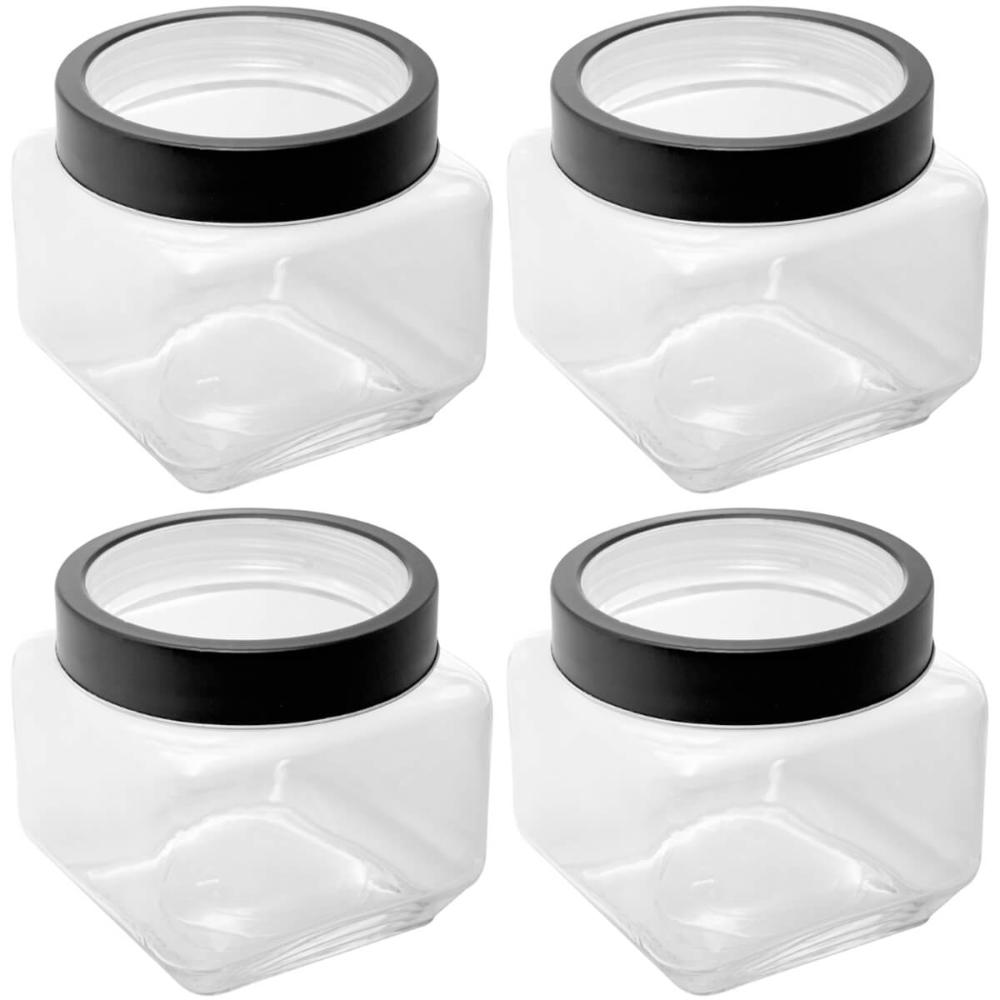 Kit 4 Potes 800ml Gastro Lyor Vidro Tampa Metal Preta Porta Mantimentos Quadrado