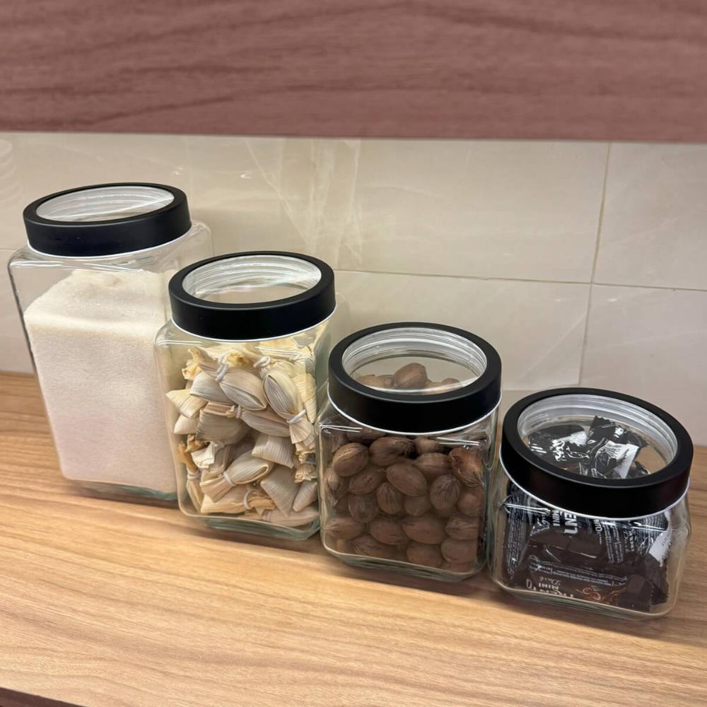 Kit 6 Potes de Vidro Tampa Metal Preta 800ml Gastro Lyor Porta Mantimentos Alimentos