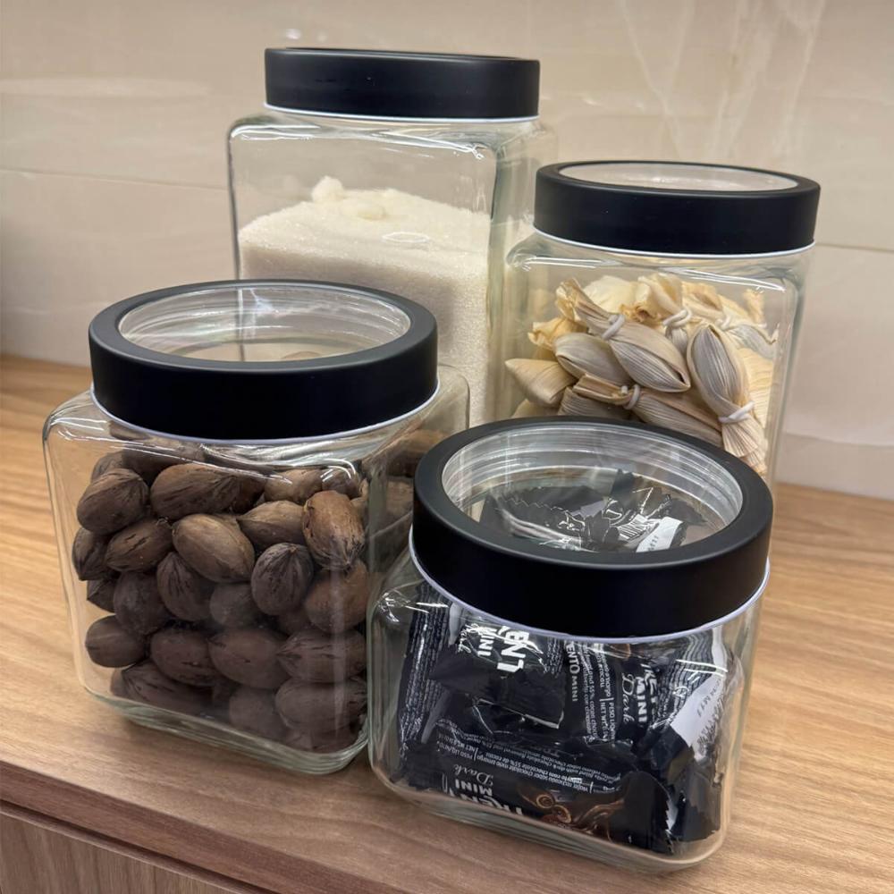Kit 6 Potes de Vidro Tampa Metal Preta 800ml Gastro Lyor Porta Mantimentos Alimentos