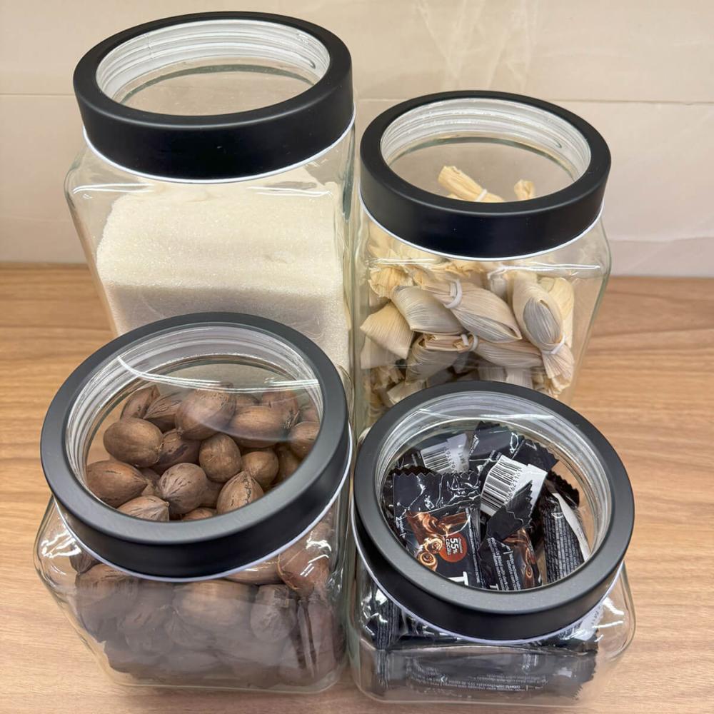 Kit 6 Potes de Vidro Tampa Metal Preta 800ml Gastro Lyor Porta Mantimentos Alimentos