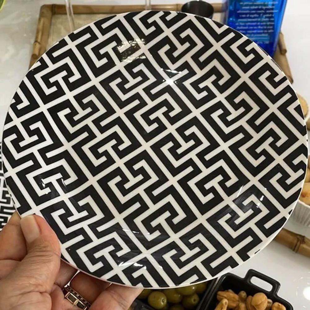 Kit 6 Pratos de Sobremesa Porcelana 19,5cm Egypt Lyor Decorado Preto e Branco