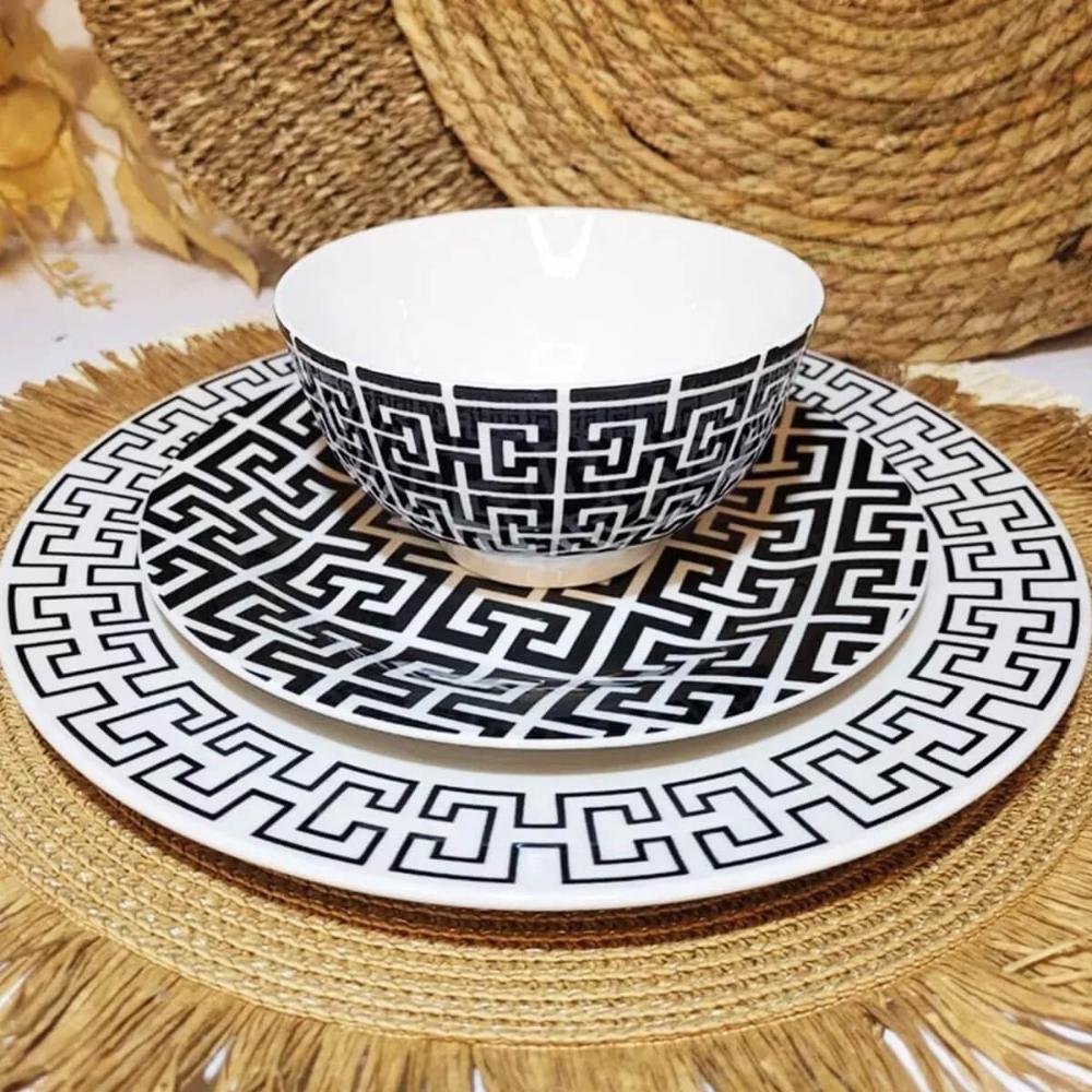 Kit 6 Pratos de Sobremesa Porcelana 19,5cm Egypt Lyor Decorado Preto e Branco