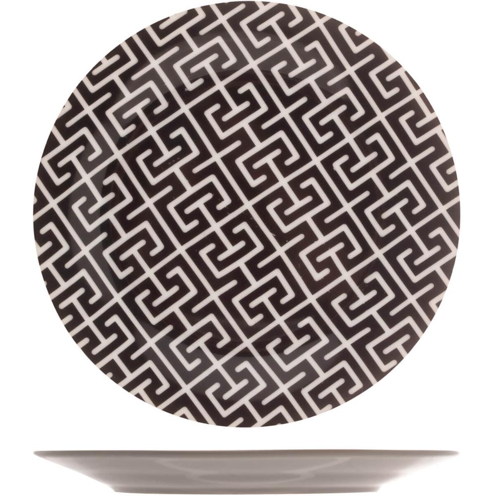 Kit 6 Pratos de Sobremesa Porcelana 19,5cm Egypt Lyor Decorado Preto e Branco