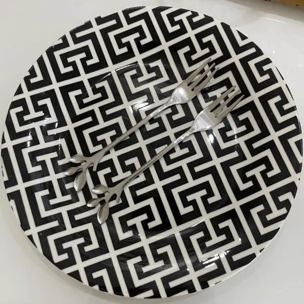 Kit 6 Pratos de Sobremesa Porcelana 19,5cm Egypt Lyor Decorado Preto e Branco