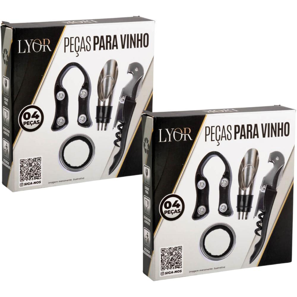 Kit Acessórios para Vinho 8 peças Lyor em Aço Inox Preto Pro