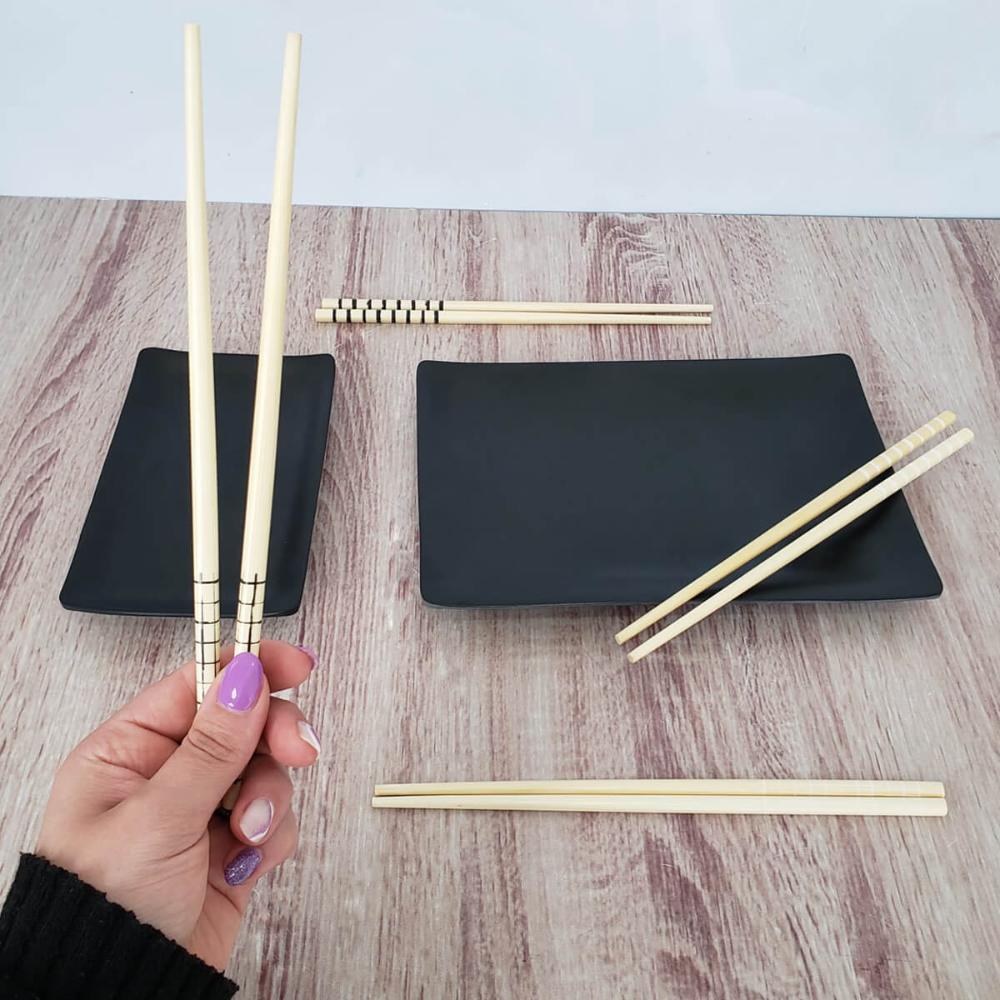 Kit Hashi de Bambu 4 Pares 24cm Palitos Japoneses Sushi Lyor Estampa Geométrica