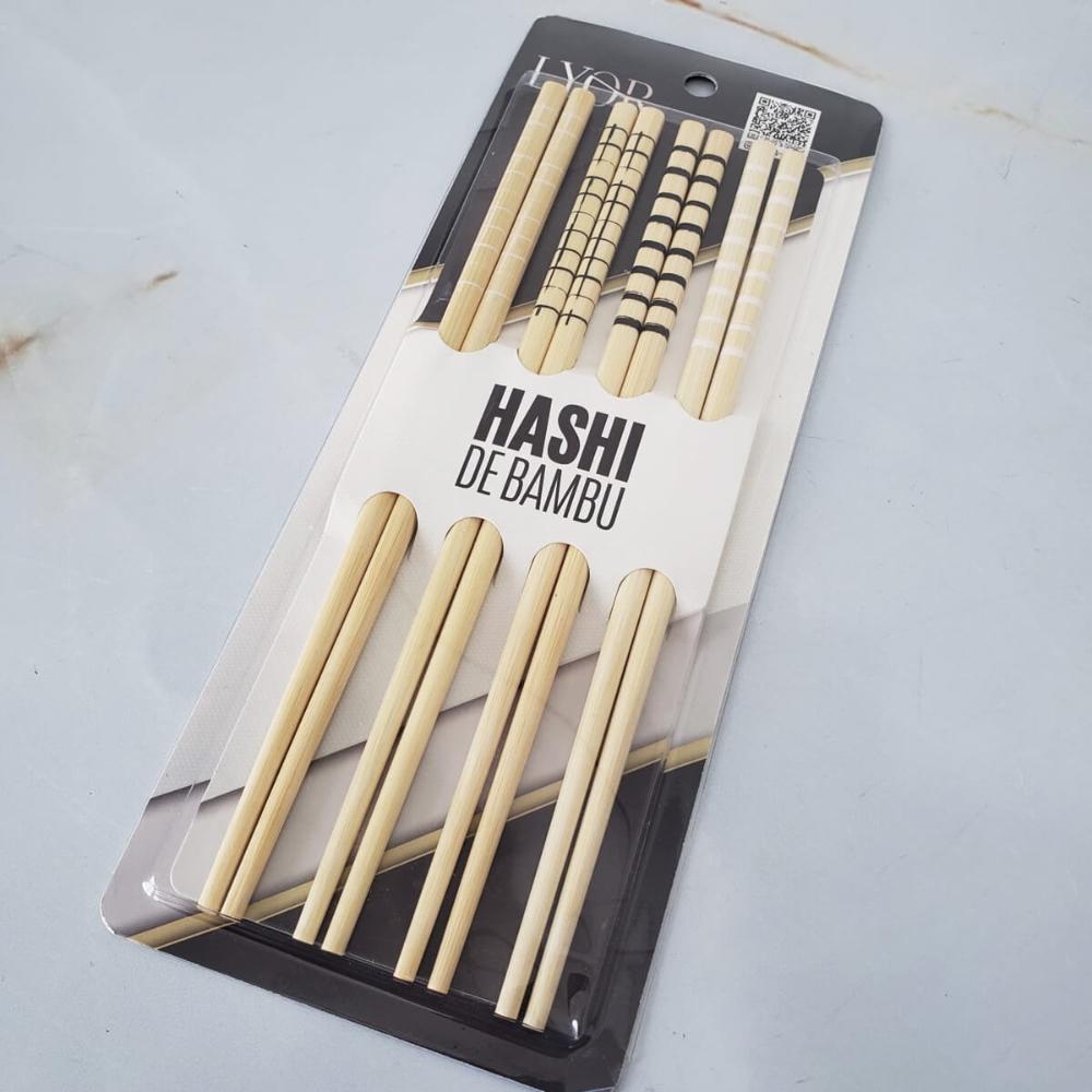 Kit Hashi de Bambu 4 Pares 24cm Palitos Japoneses Sushi Lyor Estampa Geométrica