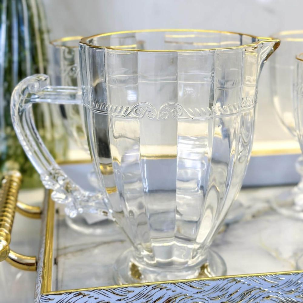 Kit Jarra Cristal 1,3L e 6 Taças 330ml Fio de Ouro Lyor Imperial Mesa Posta