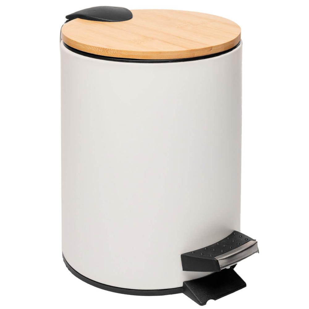 Lixeira 5L Metal Redonda com Pedal Branca Tampa Bambu Balde Interno Banheiro Genebra