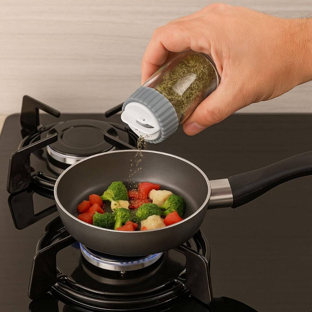 Porta Temperos Vidro e Tampa Rotativa Siena 190ml Cinza Lyor Cozinha Pote Condimentos Redondo
