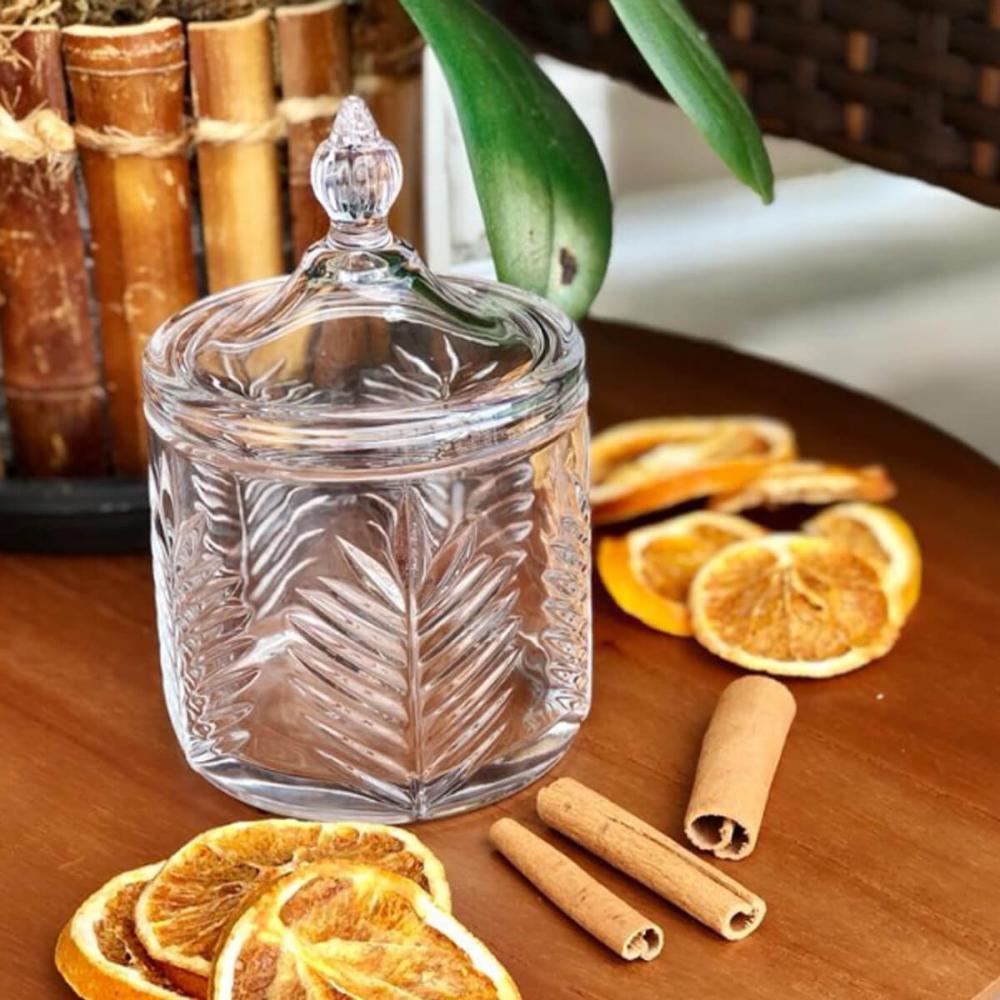Potiche Decorativo de Vidro Cristal Palmeira com Tampa 10x15cm Lyor Bomboniere Baleiro