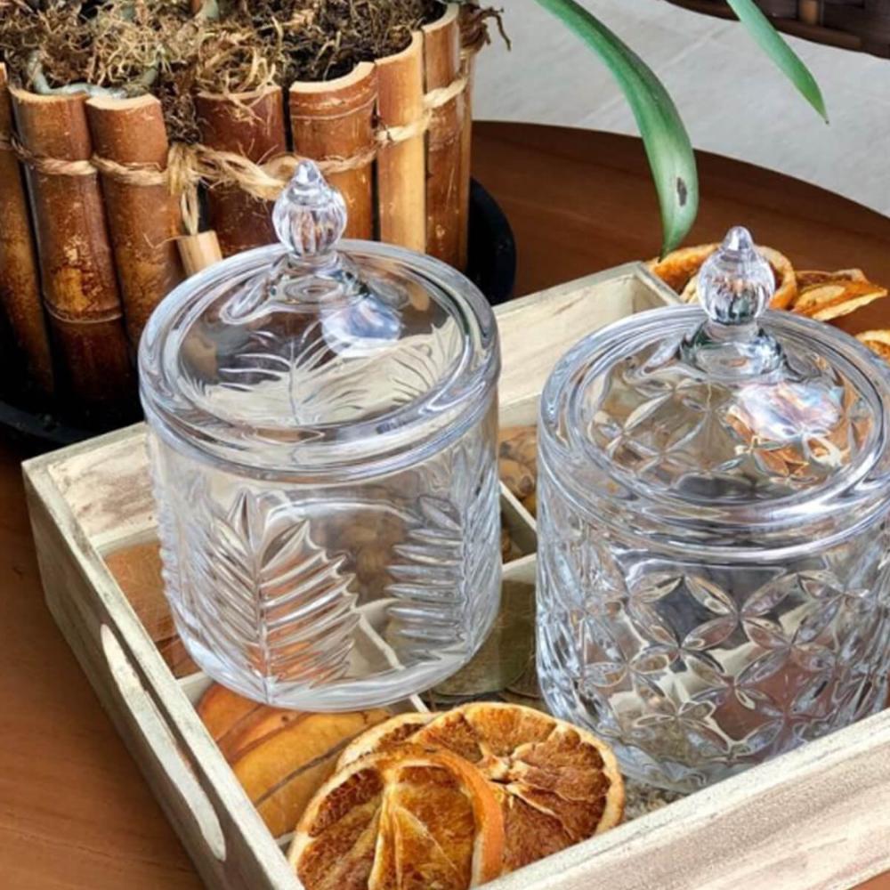 Potiche Decorativo de Vidro Cristal Palmeira com Tampa 10x15cm Lyor Bomboniere Baleiro