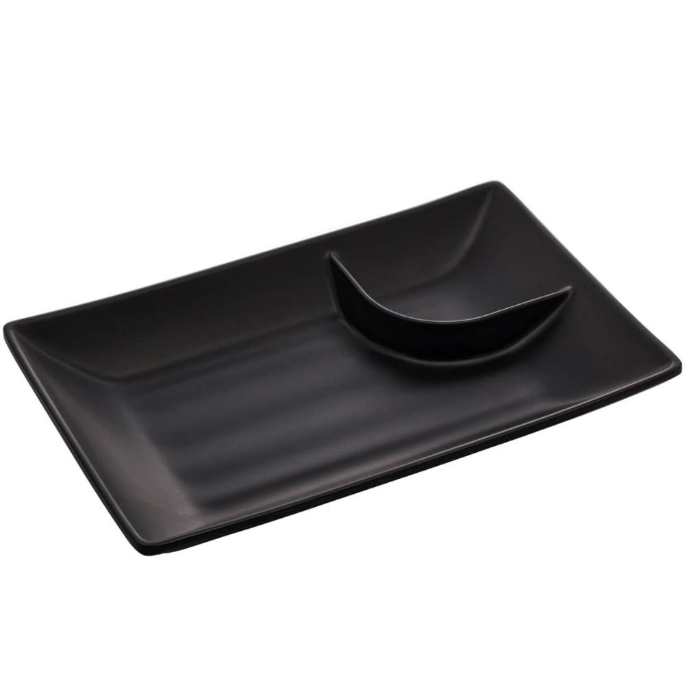 Prato para Sushi Lyor Travessa Retangular Pequena Petisqueira com Molheira Melamina Tóquio Preto