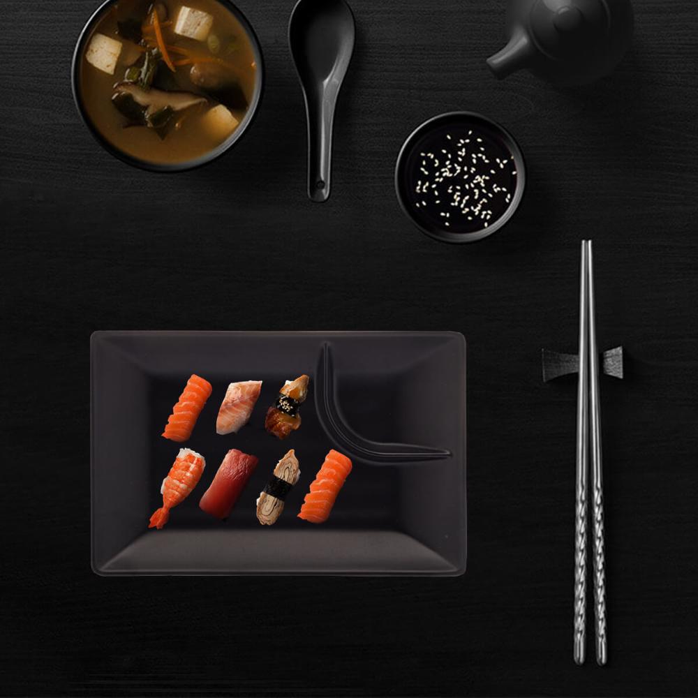 Prato para Sushi Lyor Travessa Retangular Pequena Petisqueira com Molheira Melamina Tóquio Preto