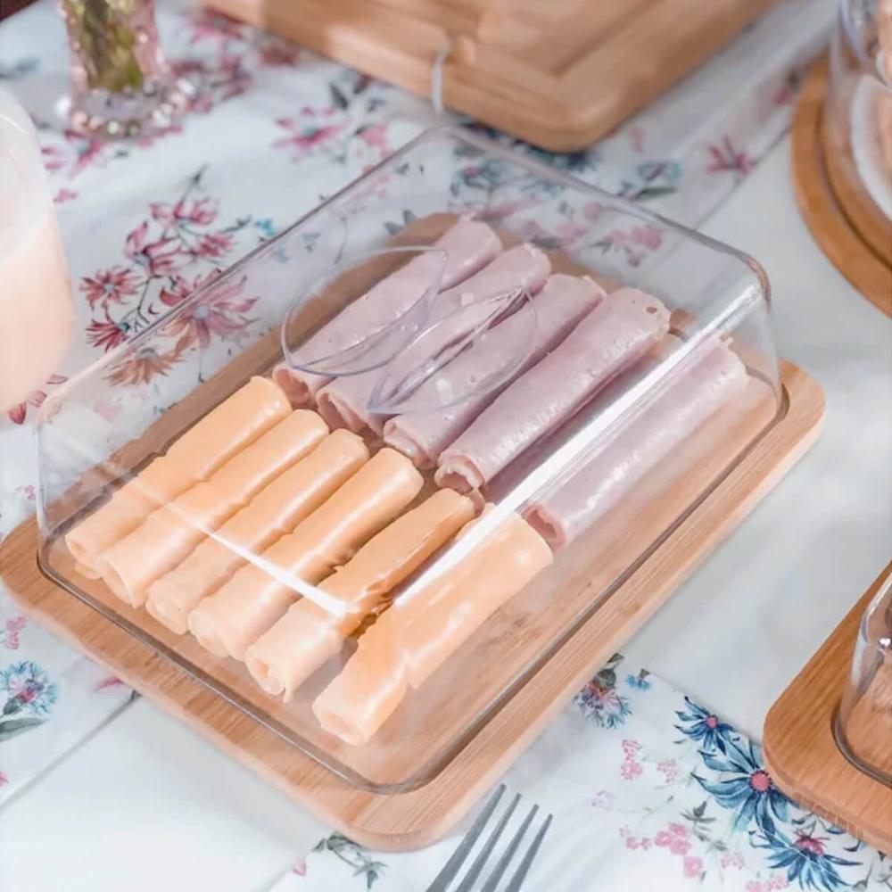 Queijeira de Bambu com Tampa de Plástico Prato Porta Frios R
