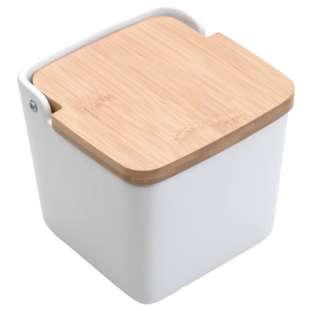 Saleiro de Cerâmica com Tampa de Bambu Lyor Bianco 13cm para Cozinha Branco