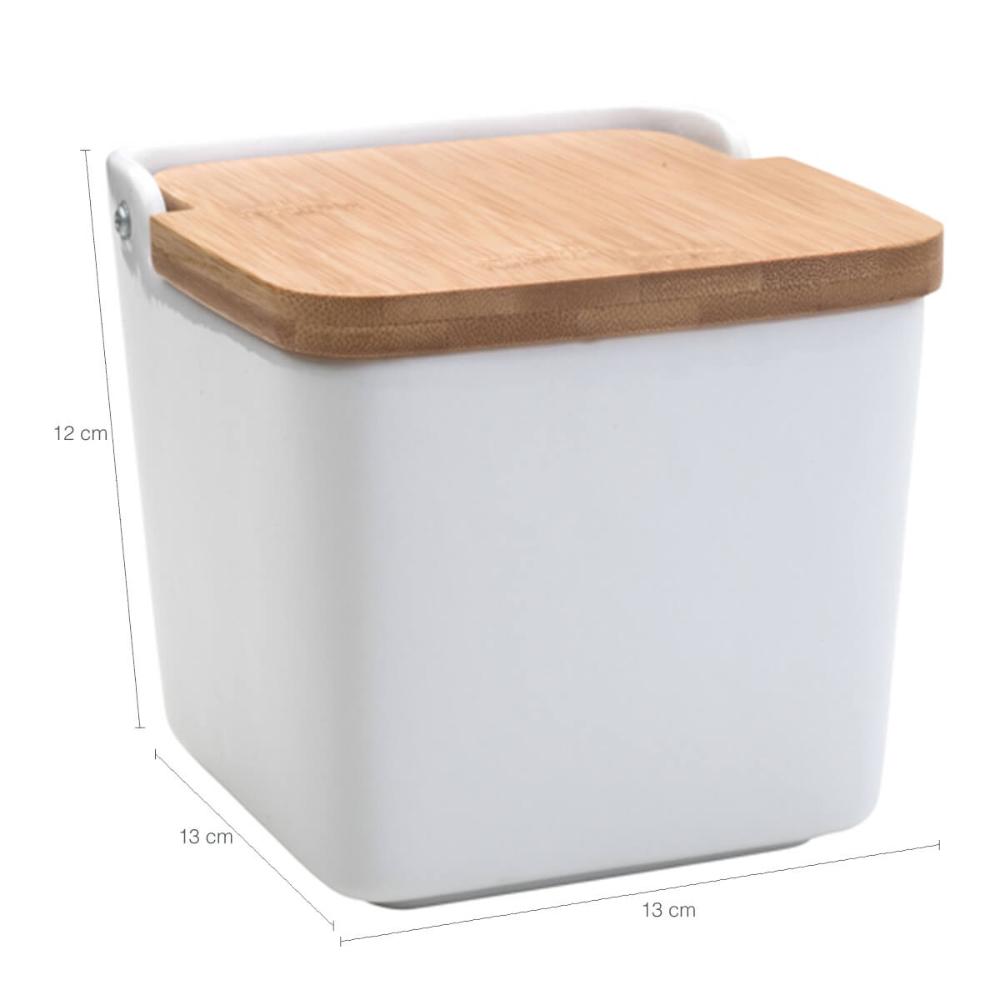 Saleiro de Cerâmica com Tampa de Bambu Lyor Bianco 13cm para Cozinha Branco