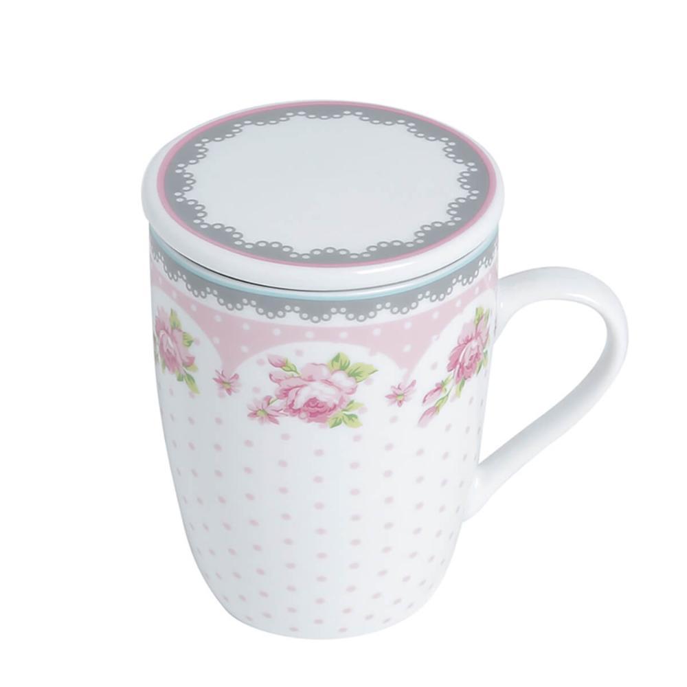 Xícara Caneca de Chá Porcelana Branca com Tampa e Infusor Inox 310ml Lyor