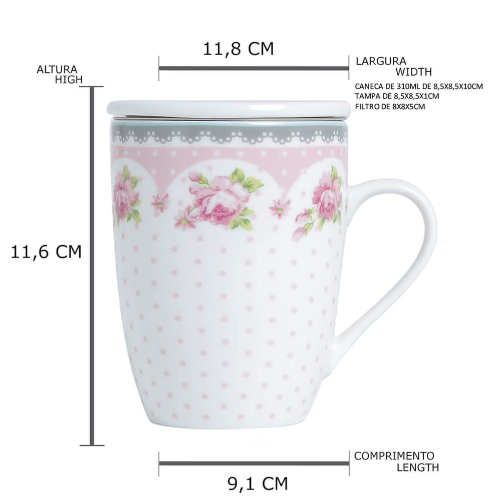 Xícara Caneca de Chá Porcelana Branca com Tampa e Infusor Inox 310ml Lyor