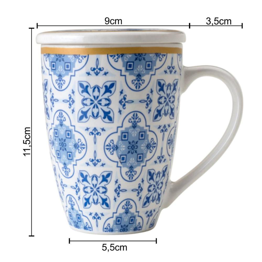 Xícara Caneca de Porcelana para Chá 310ml com Tampa e Infuso