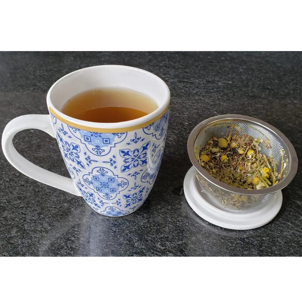 Xícara Caneca de Porcelana para Chá 310ml com Tampa e Infuso