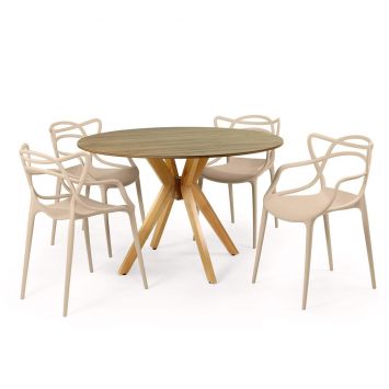 Conjunto Mesa de Jantar Redonda Marci Natural 120cm com 4 Cadeiras Allegra - Nude Menor preço em Conjunto Mesa de Jantar Redonda Marci Natural 120cm com 4 Cadeiras Allegra - Nude
