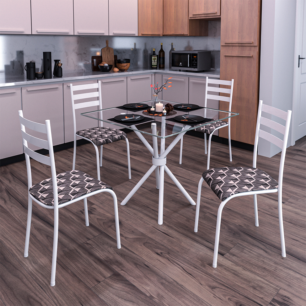Conjunto de Mesa com Tampo de Vidro e 4 Cadeiras Istambul I Branco e Preto