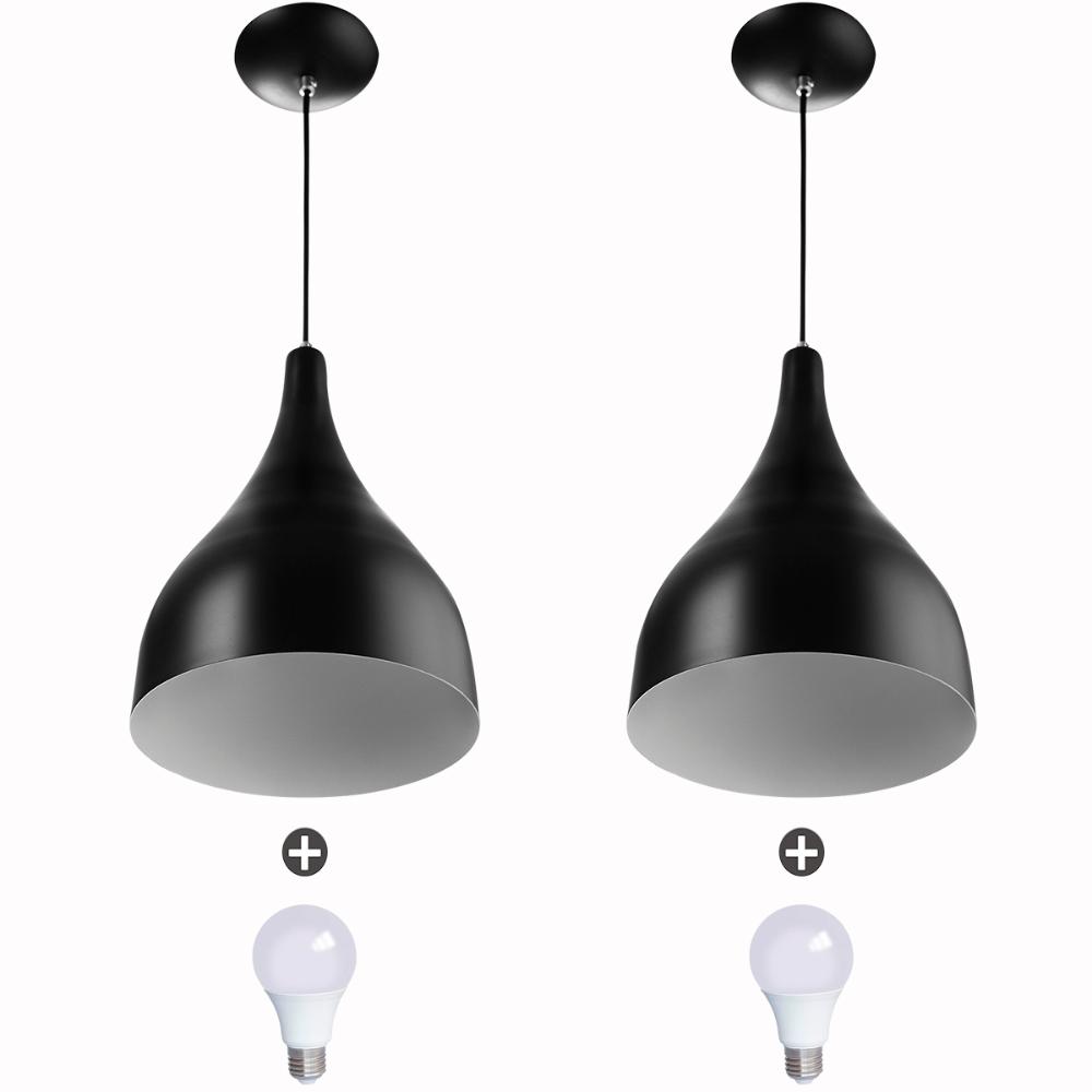 2 Lustres Pendente Gota Pequena Alumínio 21cm Preto + Lampada