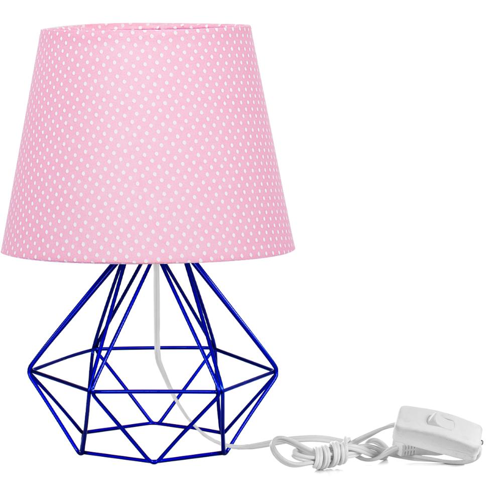 Abajur Diamante Dome Rosa Bolinha Com Aramado Azul Metálico