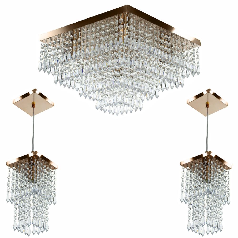 Kit 1 Lustre Cristal Acr Dream + 2 Pendentes Spark Cobre