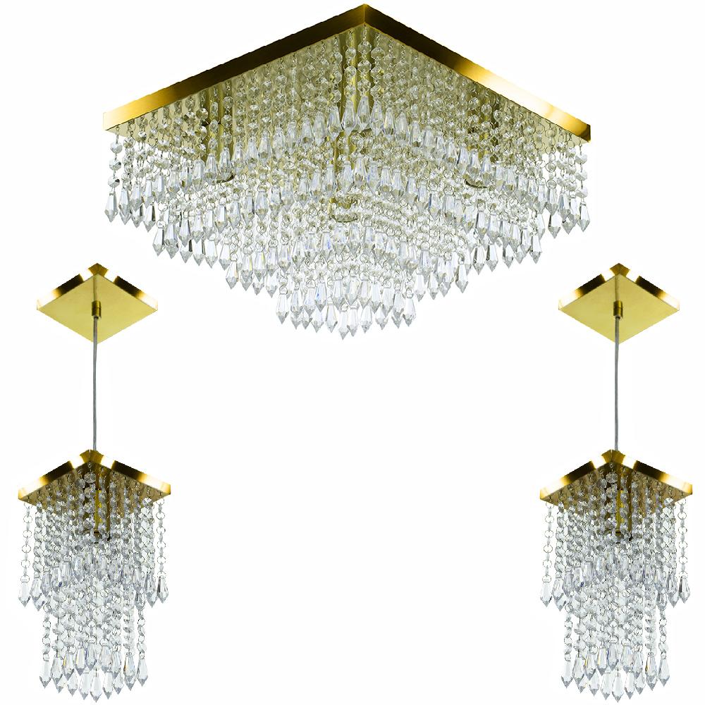 Kit 1 Lustre Cristal Acr Dream + 2 Pendentes Spark Dourado
