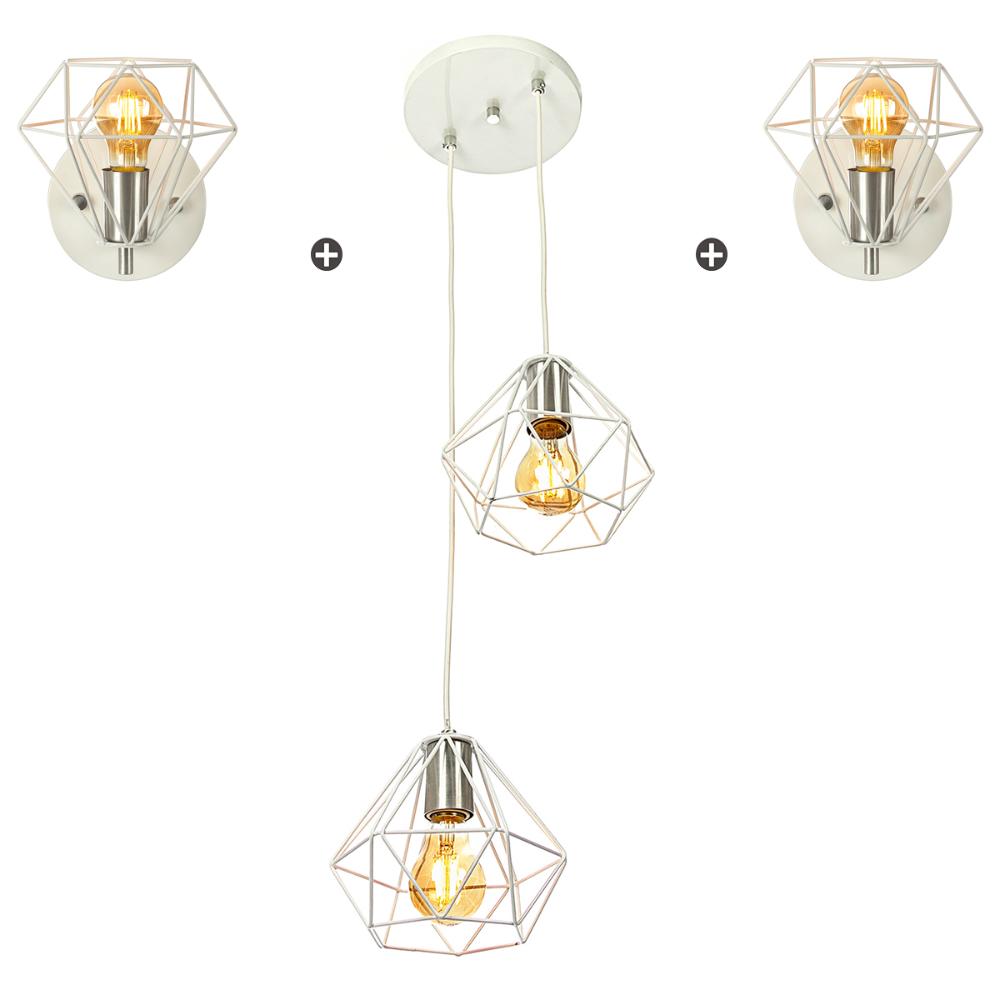 Kit 1 Pendente Duplo + 2 Arandelas Diamante Aramado Branco
